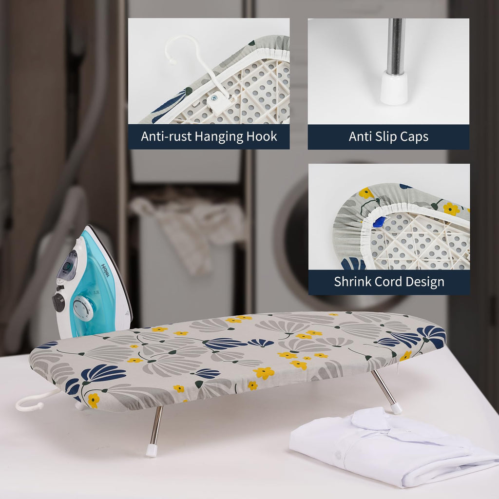 Slieton Tabletop Ironing Board 12"x29" – Portable Folding Ironing Board with Thick Felt Padding, Heat-Resistant Cover, Stainless Steel Legs, Compact & Space-Saving Design (Dandelion)
