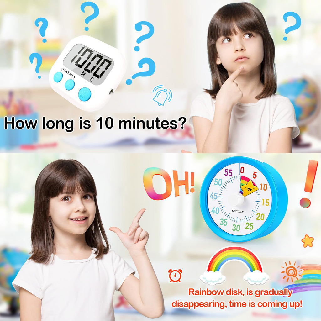 Secura 60-Minute Visual Timer, Rainbow Classroom Timers for Kids, Time Clocks, Countdown Time Tracker Management Tool with Pause Function (Blue & Star)