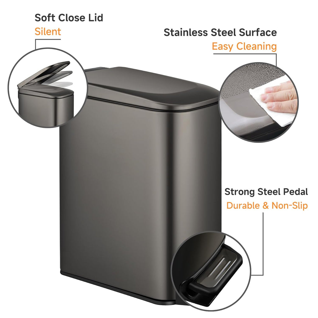 TIPGO Slim Bathroom Trash Can - 6 Liter Stainless Steel Garbage Can with Soft Close Lid | Black Gold