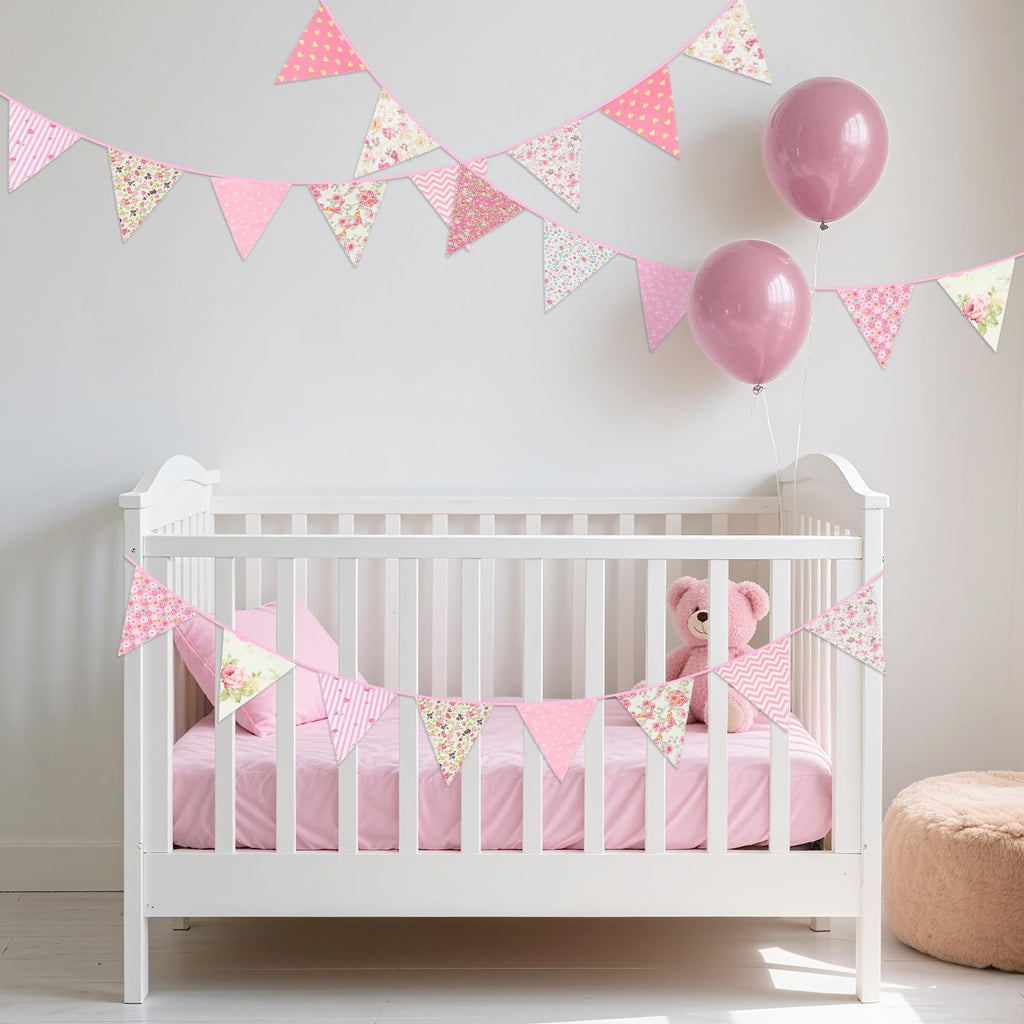 G2PLUS 39Ft Triangle Bunting Banner, 42Pcs Pink Floral Garland Pennant Banner, Reusable Cotton Triangle Flags Party Decoration for Birthday, Wedding, Garden Tea Party, Baby Shower, Room Decor