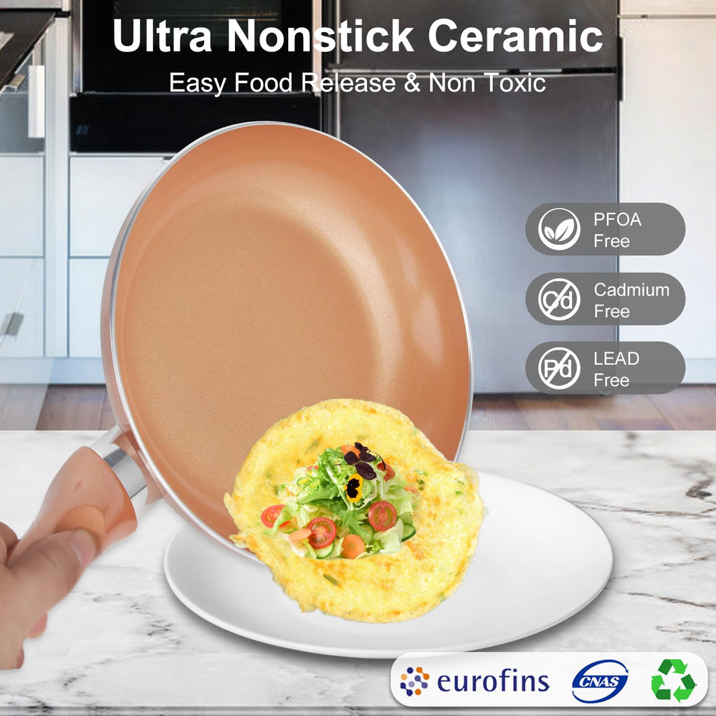 M MELENTA Pots and Pans Set Ultra Nonstick, Pre-Installed 11pcs Cookware Set Copper with Ceramic Coating, Stay cool handle & Nylon Kitchen Utensils, Gas/Induction Compatible, 100% PFOA Free