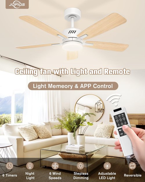 JOFIOS Ceiling Fans with Lights and Remote,52 inch Ceiling Fan with Adjustable Color Temperature,Dimmable 6-speeds Noiseless Revisible DC Motor for Bedroom, Kitchen, Living Room（White）
