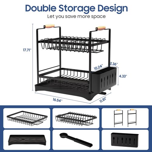 PXYHMUS 2-Tier Large Dish Drying Rack for Kitchen Counter with Drainboard and Cutlery Holder, 2 Tier Dish Drying Rack, Black,16.54" D x 11.81" W x 17.71" H