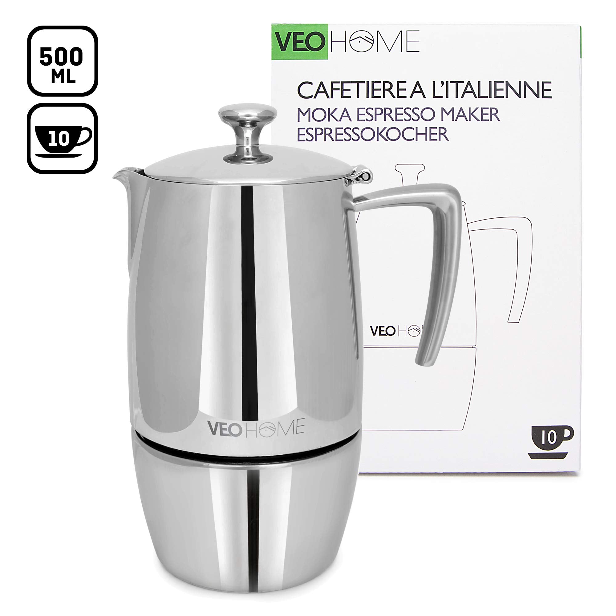 VeoHome Stovetop Espresso Coffee Maker - 10 Cups 500ml Multi-Stove Stainless Steel Induction Moka Pot - Unbreakable and Dishwasher-Safe Italian Style Caffe Machine