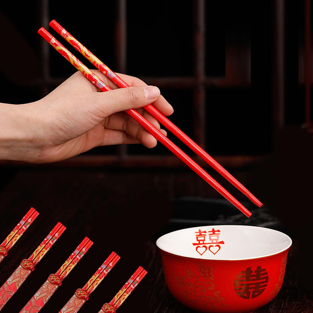 10 Pairs Chinese Knot Wooden Chopsticks with Gold Dragon Phoenix Pattern Red Chinese New Year Chopstick Set Chinese New Year Gifts for Wedding Chinese Festive Dining