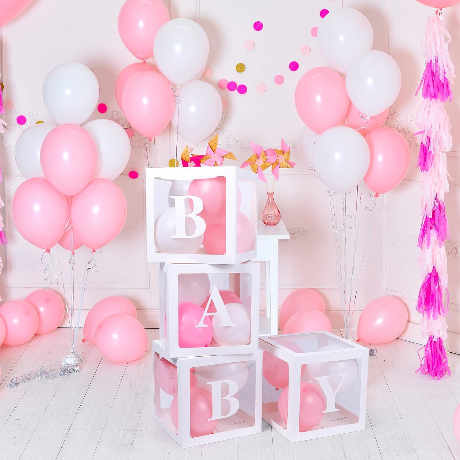 Voircoloria Baby Boxes - 42-Piece Letter Set for Baby Shower & Gender Reveal | Clear Balloon Box (White)