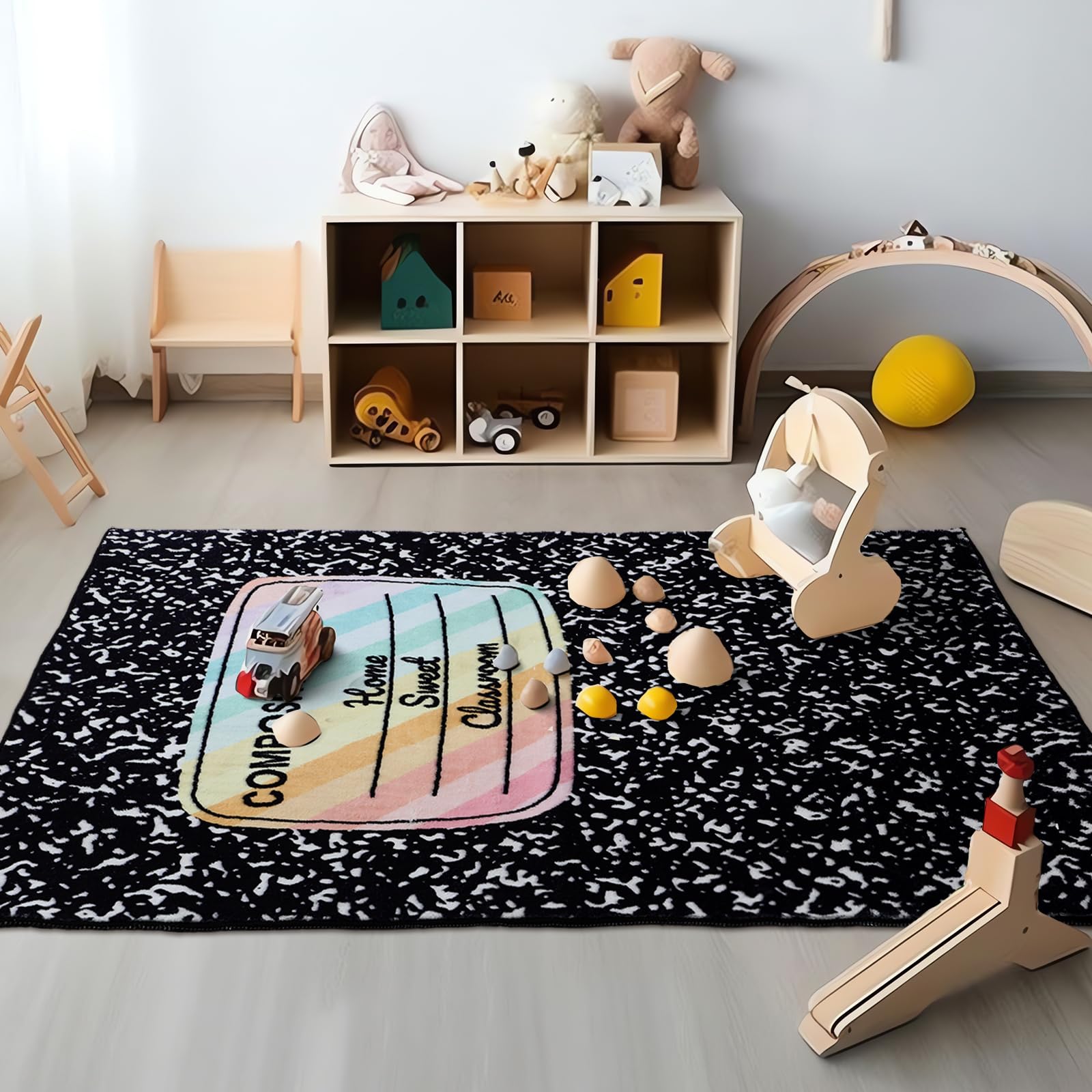 Maasechs 3.3 x 4 ft Composition Notebook Rug Classroom Decor Educational Area Rug Back to School Kid Reading Calming Corner Soft Fluffy Pastel Play Carpet for Nursery Playroom