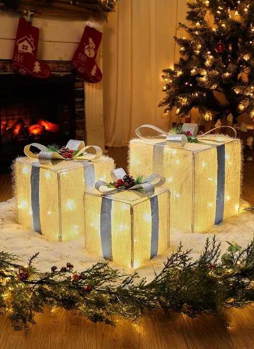 Brightown 3 Pieces Lighted Gift Boxes Outdoor Christmas Decorations, 12" 10" 8" with 60 Pre-Lit Mini String Lights，Foldable LED Boxes with Bows for Tree Indoor Outdoor Party Yard Home Decor