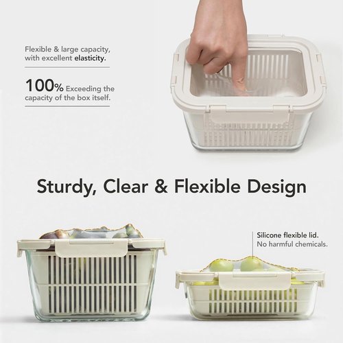 GENICOOK Glass Produce Storage Containers - Airtight 2-Pack with Removable Colanders & Flexible Silicone Lids, BPA-Free