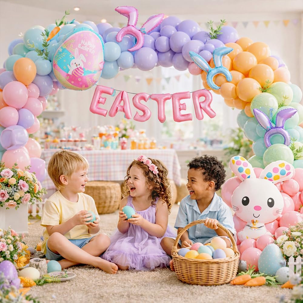 Pastel Balloon Arch Kit by Easter - 145PCS with Bunny Ear Headband & Foil Balloons for Spring Celebrations