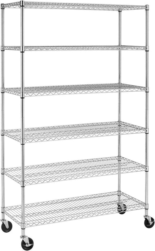 BestOffice 6-Tier Wire Storage Shelves - Heavy-Duty Metal Racks with Wheels | 18x48x78 | Chrome Finish | No-Tool Assembly for Home & Garage
