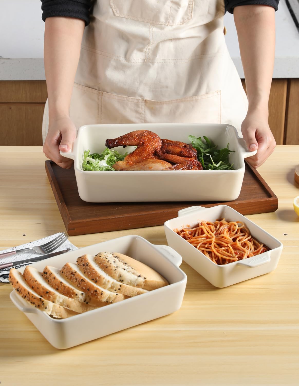 Sweejar Ceramic Bakeware Set - Rectangular Baking Dish for Lasagna & Cakes | 11.8 x 7.8 x 2.76 Inches (Beige)