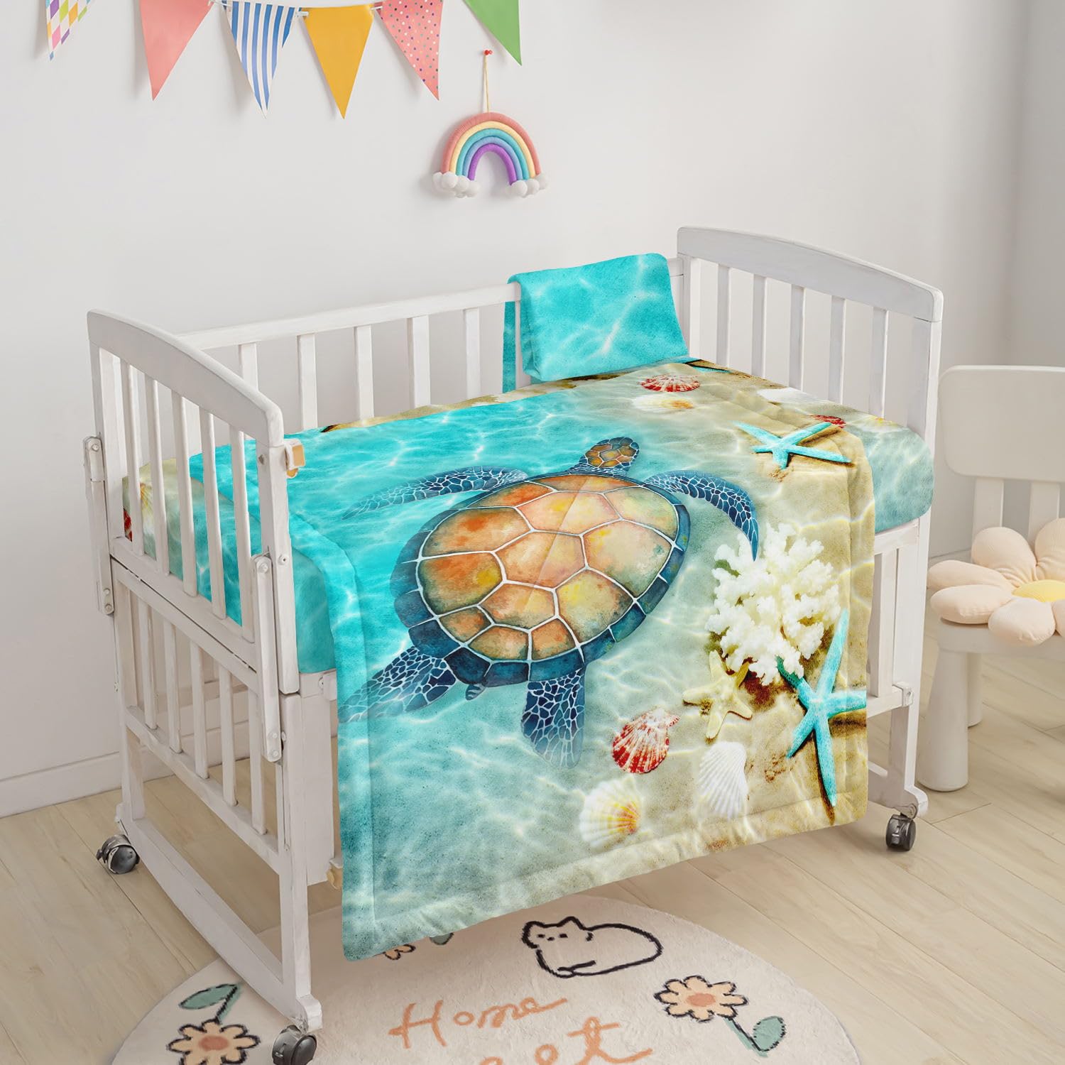 Datura home Crib Bedding Set,3pcs Nursery Crib Bedding with Comforter Crib Sheet & Crib Skirt,Sea Turtle Beach Printed Nursery Bedding for Baby Boys and Girls(Turtle)