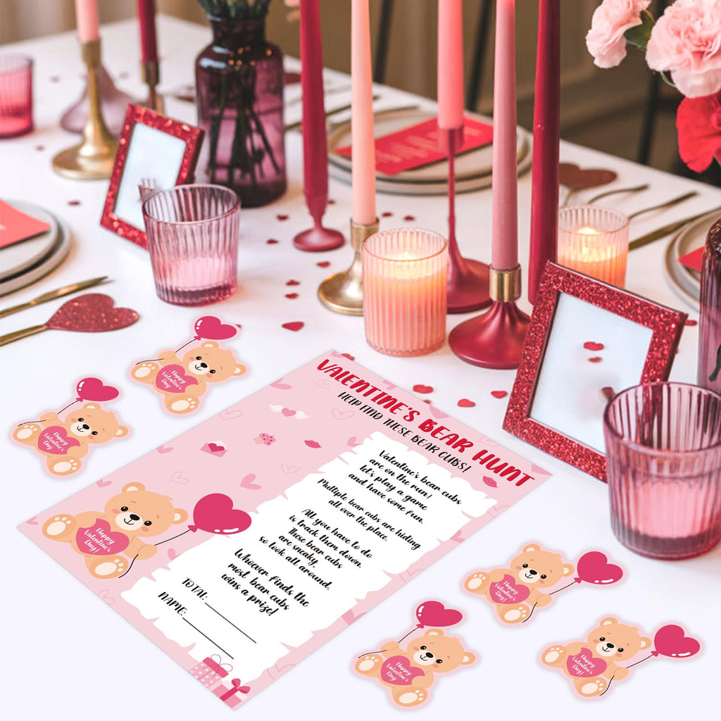 COCHIE Valentine's Day Games for Classroom Party Family Adults Office Large Groups, Valentines Bear Bub Hunt Game School Activities with 50 Paper Bears - 25 Players (Bear Hunt)