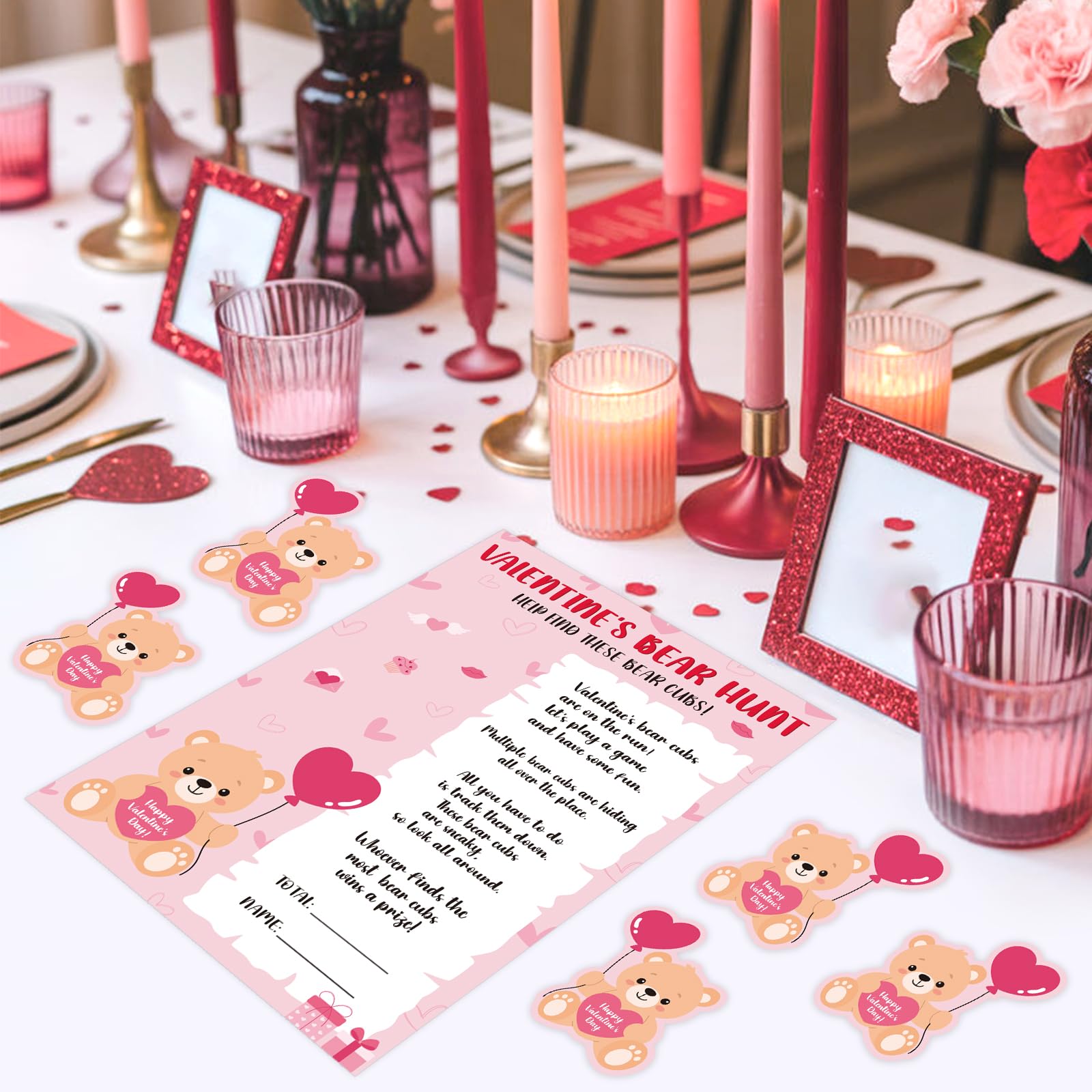 COCHIE Valentine's Day Games for Classroom Party Family Adults Office Large Groups, Valentines Bear Bub Hunt Game School Activities with 50 Paper Bears - 25 Players (Bear Hunt)