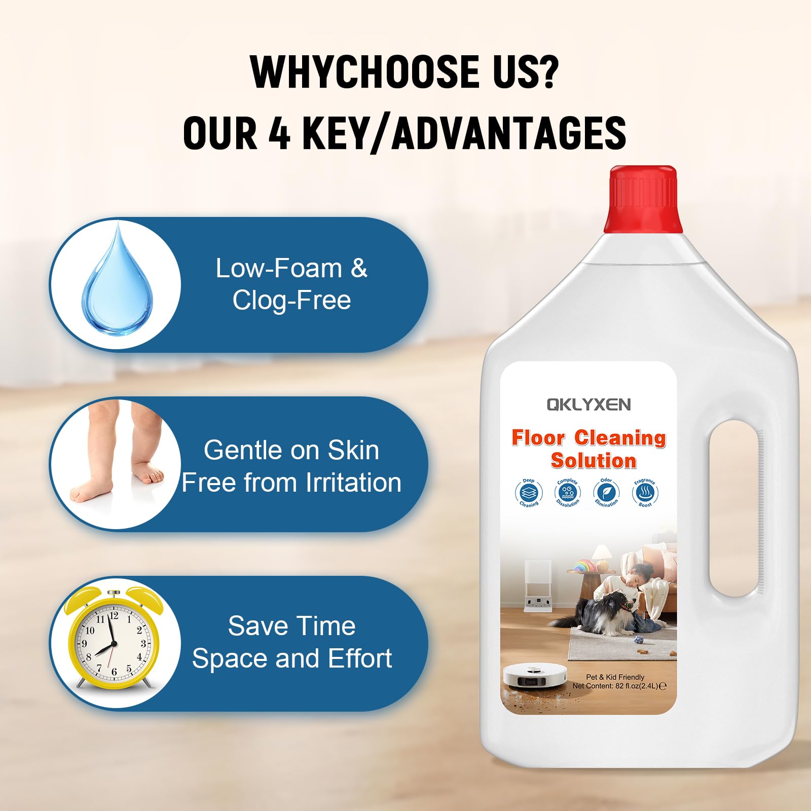 QKLYXEN Floor Cleaning Solution Compatible with Roborock – 82 FL OZ Original Floor Cleaner – Long-Lasting, Fresh– For All Robot Vacuums with Mopping & Cordless Wet/Dry Vacuum Mop Cleaner