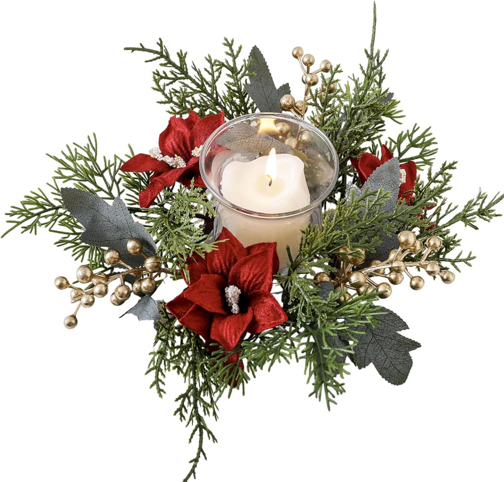 Skiennix Christmas Candle Rings - Elegant Artificial Flower & Gold Berries Holders | 2-Piece Set for Winter Decor