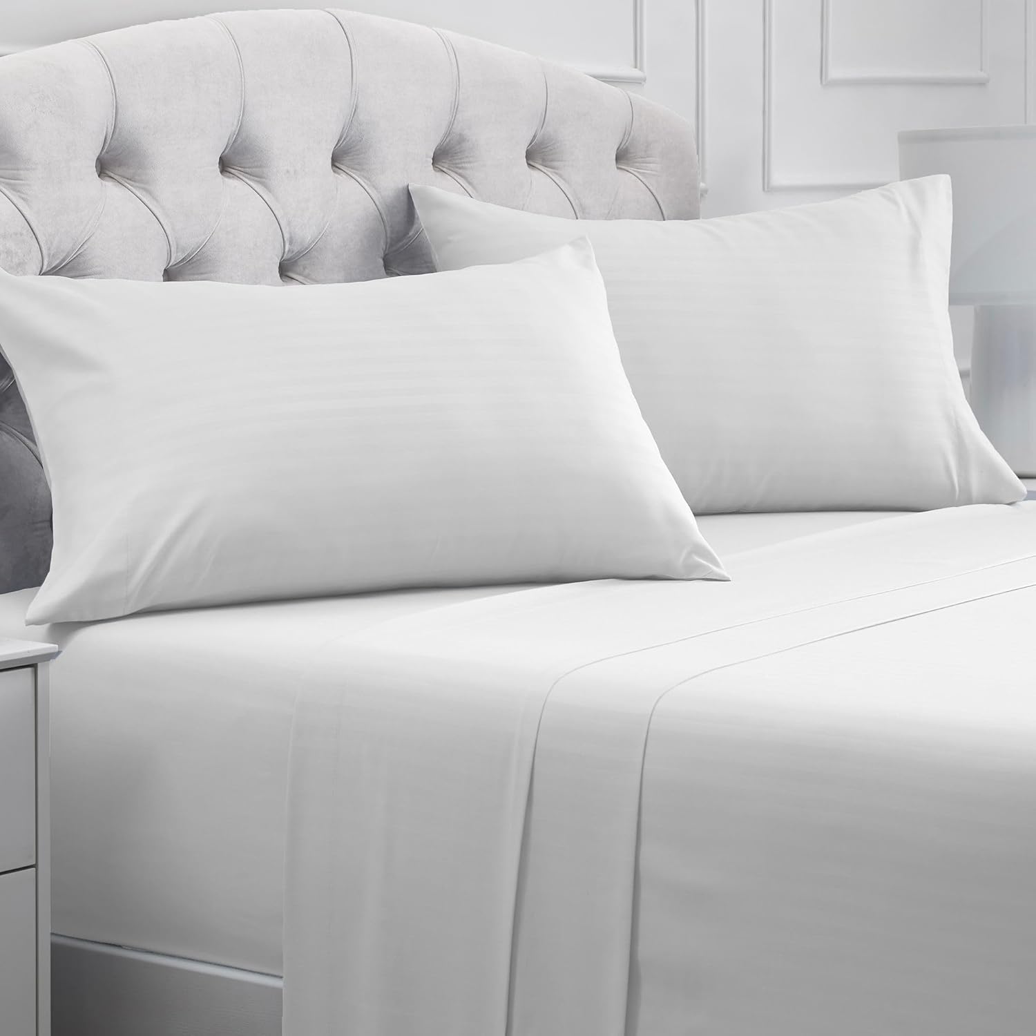 Mellanni King Sheets Set - 4 PC Hotel Luxury Bedding | Extra Soft, Cooling, Wrinkle & Stain Resistant (King, Striped White)