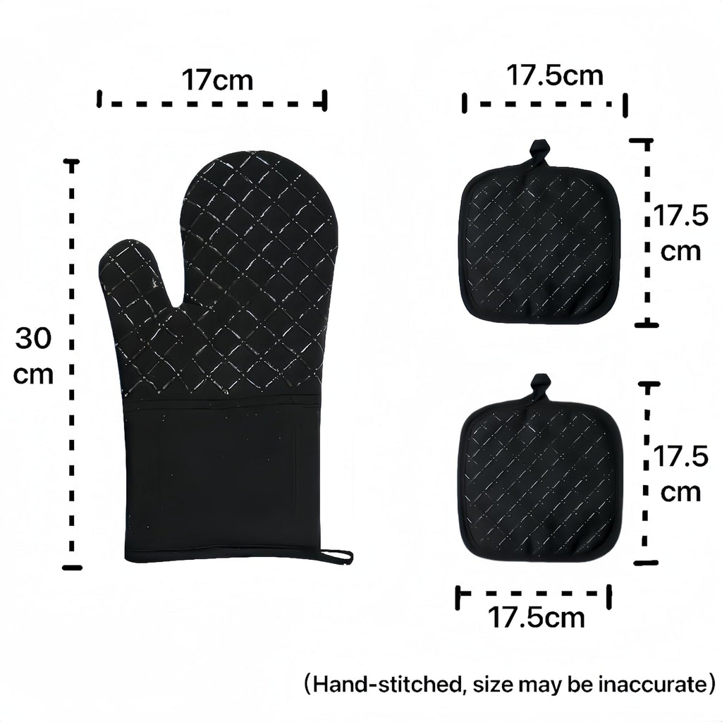 Skiennix Oven Mitts Set - 4-Piece Heat Resistant Kitchen Mitts & Pan Racks | Non-Slip Silicone, Black