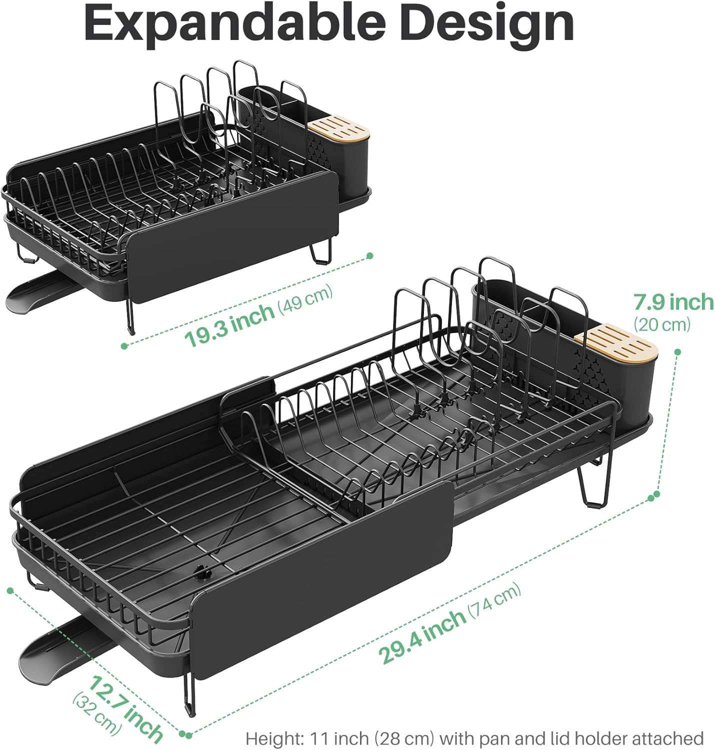 SNTD Large Dish Drying Rack - Expandable Stainless Steel Kitchen Dish Drainer | 19.3" to 29.4" with Utensil Holder & Pan Lid Holder (Black)