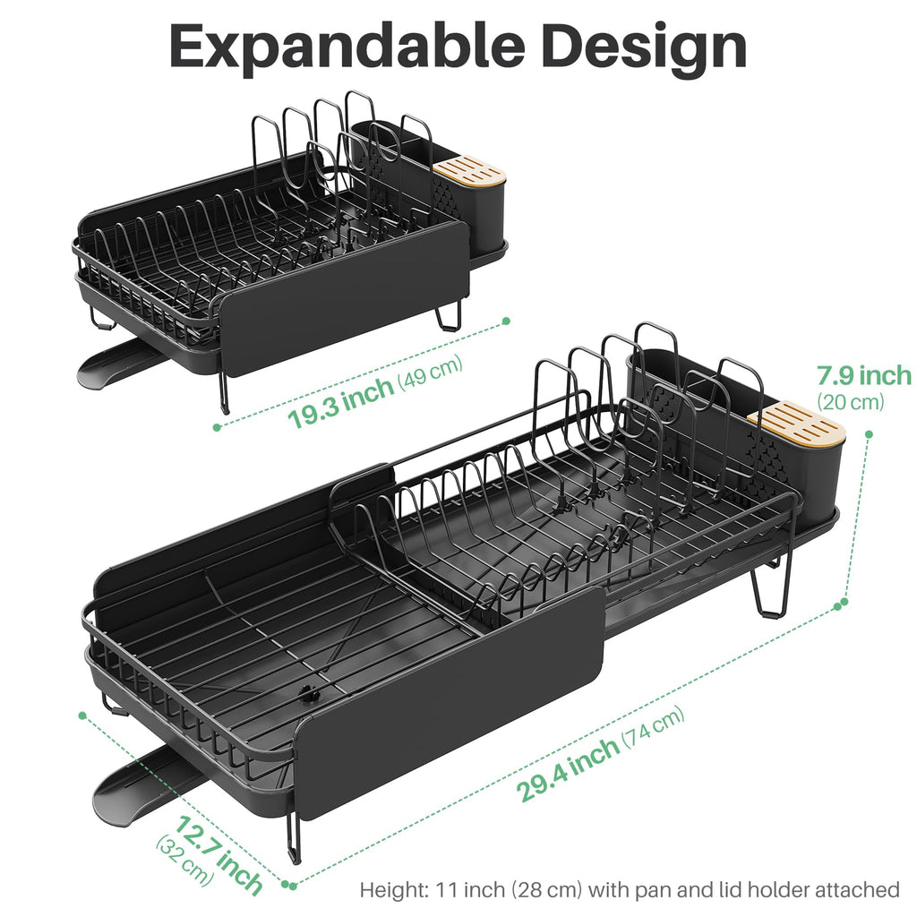 SNTD Large Dish Drying Rack - Expandable (19.3" to 29.4") Dish Rack for Kitchen Counter, Stainless Steel Dish Drainer with Utensil Holder, Pan Holder & Pot Lid Holder (Black)