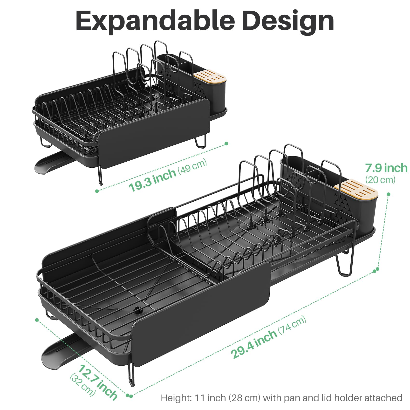 SNTD Large Dish Drying Rack - Expandable (19.3" to 29.4") Dish Rack for Kitchen Counter, Stainless Steel Dish Drainer with Utensil Holder, Pan Holder & Pot Lid Holder (Black)