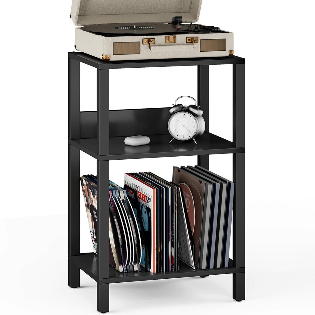 TUTOTAK Record Player Stand with Storage Up to 100 Albums,Record Storage Table,3 Tier End Table,Side Table for Living Room, Bedroom, Black TB01BK075