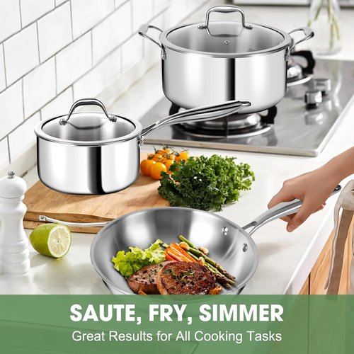 3 Ply Stainless Steel Cookware Set - 11-Piece Kitchen Set with Lids | Non-Toxic, Induction & Dishwasher Safe
