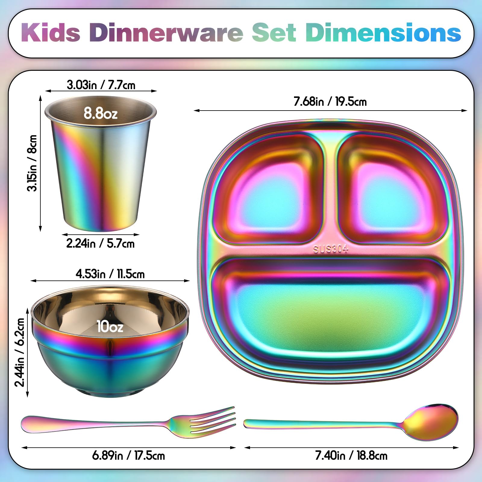 Tioncy 15 Pcs Stainless Steel Kids Dinner Set, Bowls, Balanced Bites Divided Plates, Cups, Spoons and Forks, Stainless Steel Lunch Plates Dinnerware Set for Kids Toddlers (Classic)