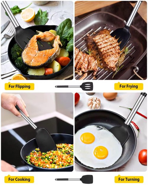 2 Pack Silicone Steel Sturdy Turner Spatula Set, Non-Stick Turner and Solid Spatula, High Heat Resistant BPA Free Cooking Kitchen Utensils - AR3T Collection - Black
