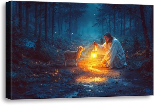 Christian Wall Art | Jesus and Lamb Canvas Decor - Serenity Prayer for Home & Baptism Gifts (24" x 16")