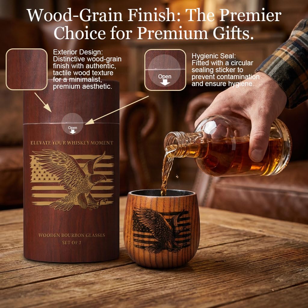 Original Charred Wooden Bourbon Drinking Glass, 11oz Handcrafted Engraved Wood Glass for Men | Unique Unbreakable Whiskey Glass for Dad, Brother, Husband