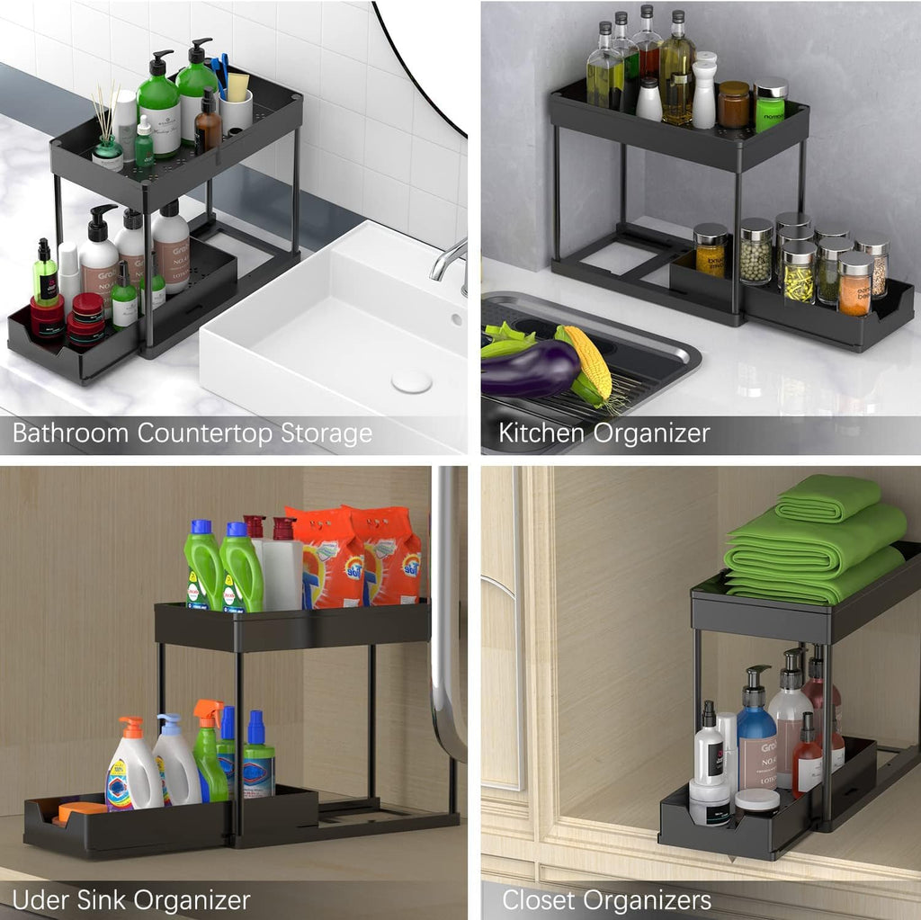 Under Sink Organizers by [Brand Name] - 2-Tier Sliding Cabinet Basket with Hooks | Multi-Purpose Storage for Bathroom & Kitchen