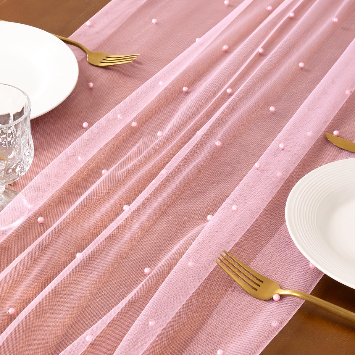 Socomi Pearl Table Runner - Tulle Pink Gauze for Spring & Easter | 10FT Dining & Party Decor