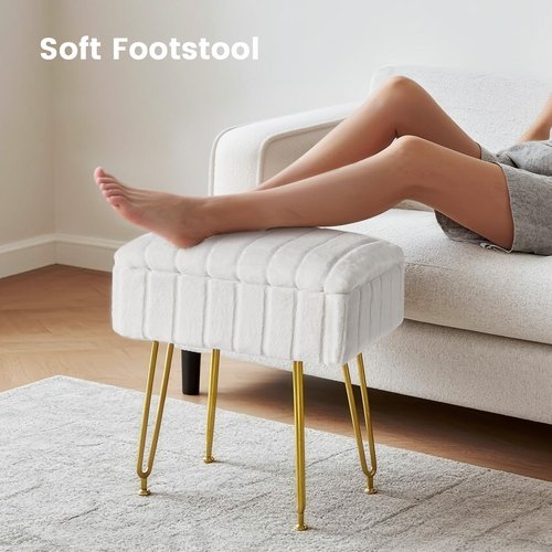 FUXA Vanity Stool Chair with Storage, White Faux Fur Makeup Chair with 4 Metal Legs and Anti-Slip Feet, Soft Padded Seat, Small Footrest Footstool Ottoman, Multifunctional Stool for Bedroom
