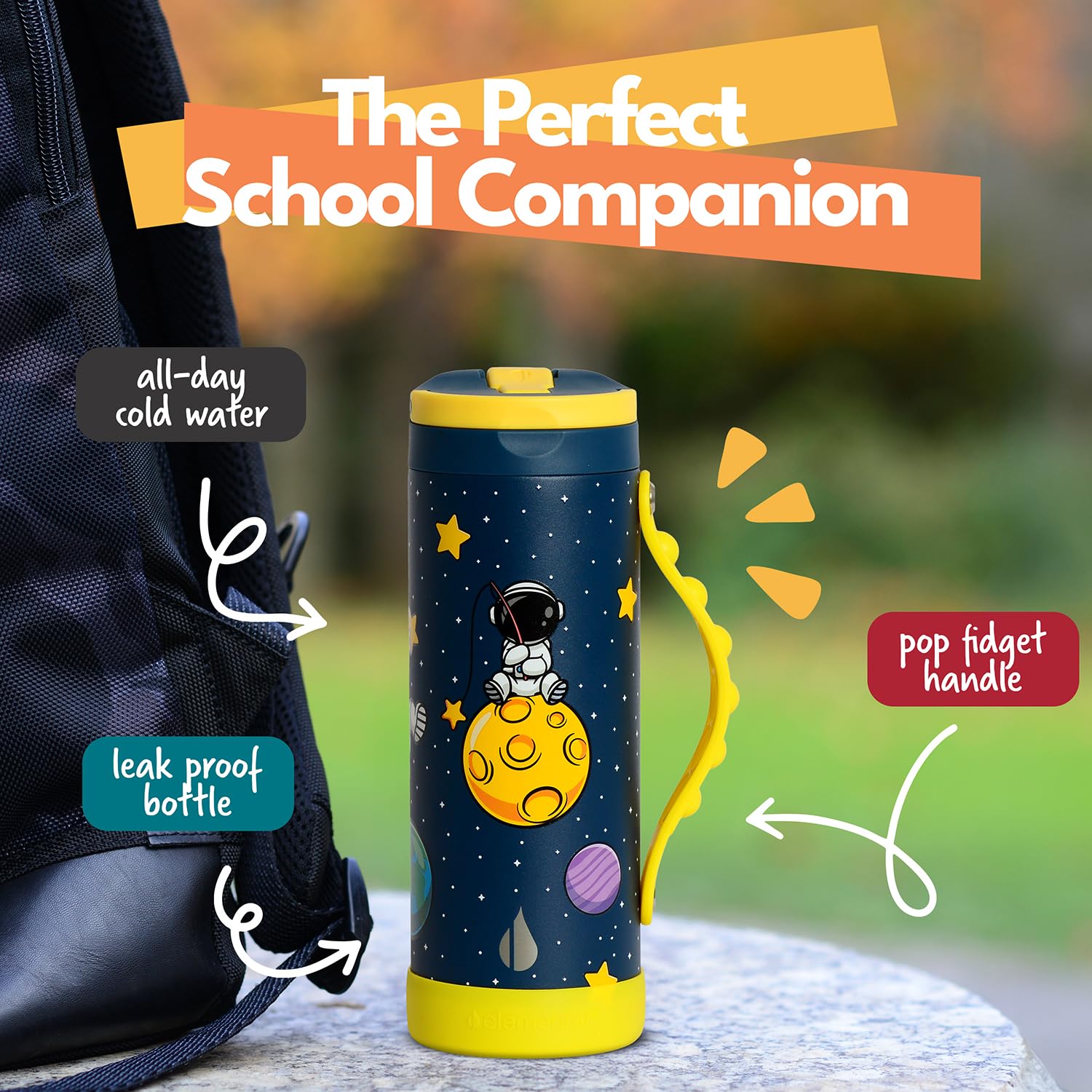 Elemental Iconic Kids Water Bottle for School - 100% Leak-Proof Insulated Water Bottles with Straw Lid & Pop-It Handle for Boys & Girls - Triple-Wall Insulated & BPA-Free, 14oz – Little Astronaut