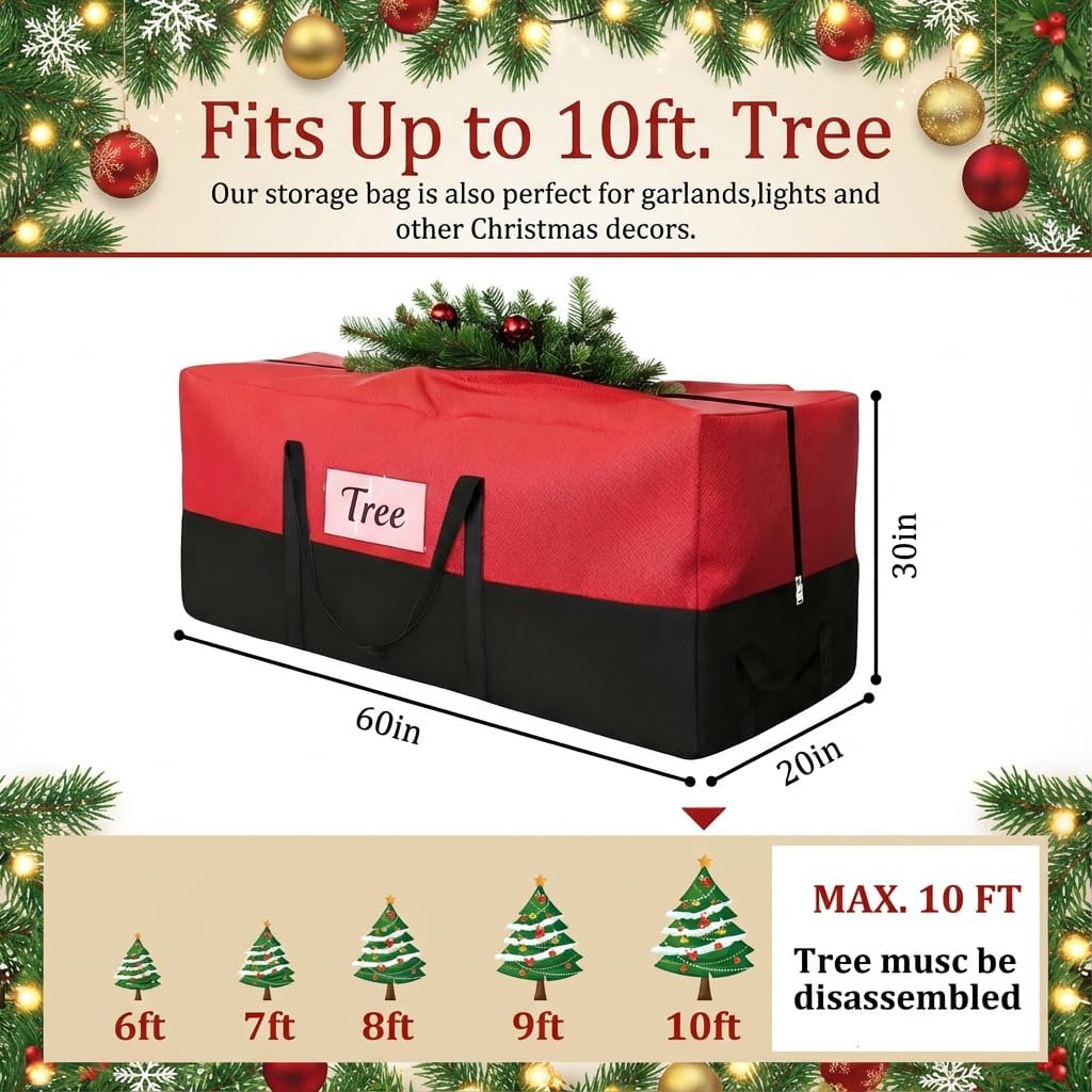PLTCAT Christmas Tree Storage Bag - Heavy Duty 10-12 Ft Artificial Tree Container with Zipper & Pocket - Red