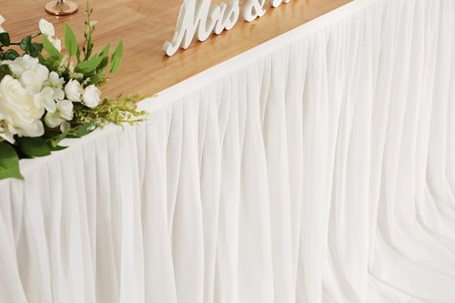 Mohoeey 14ft Extra Long White Chiffon Table Skirt with Pooling Tulle Tablecloth for Wedding, Birthday, and Cake Table Decorations