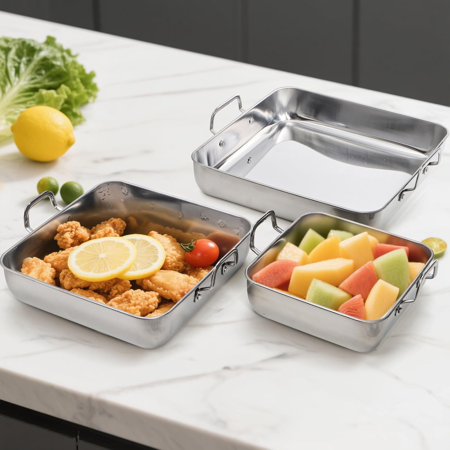 Tebery Square Cake Pan Set - Deep Stainless Steel Nonstick Baking Pans with Handles | 3-Piece Bakeware Set