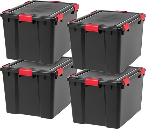 IRIS USA WeatherPro 74 Qt Storage Bins - BPA-Free Plastic with Tight Seal & Latch | 4 Pack - Black/Red