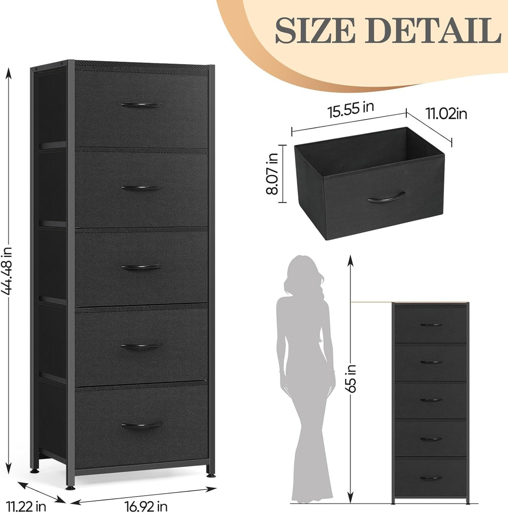 MOOACE 5-Drawer Dresser - Tall Fabric Storage Unit with Wooden Top - Black Metal Frame for Bedroom & Living Room