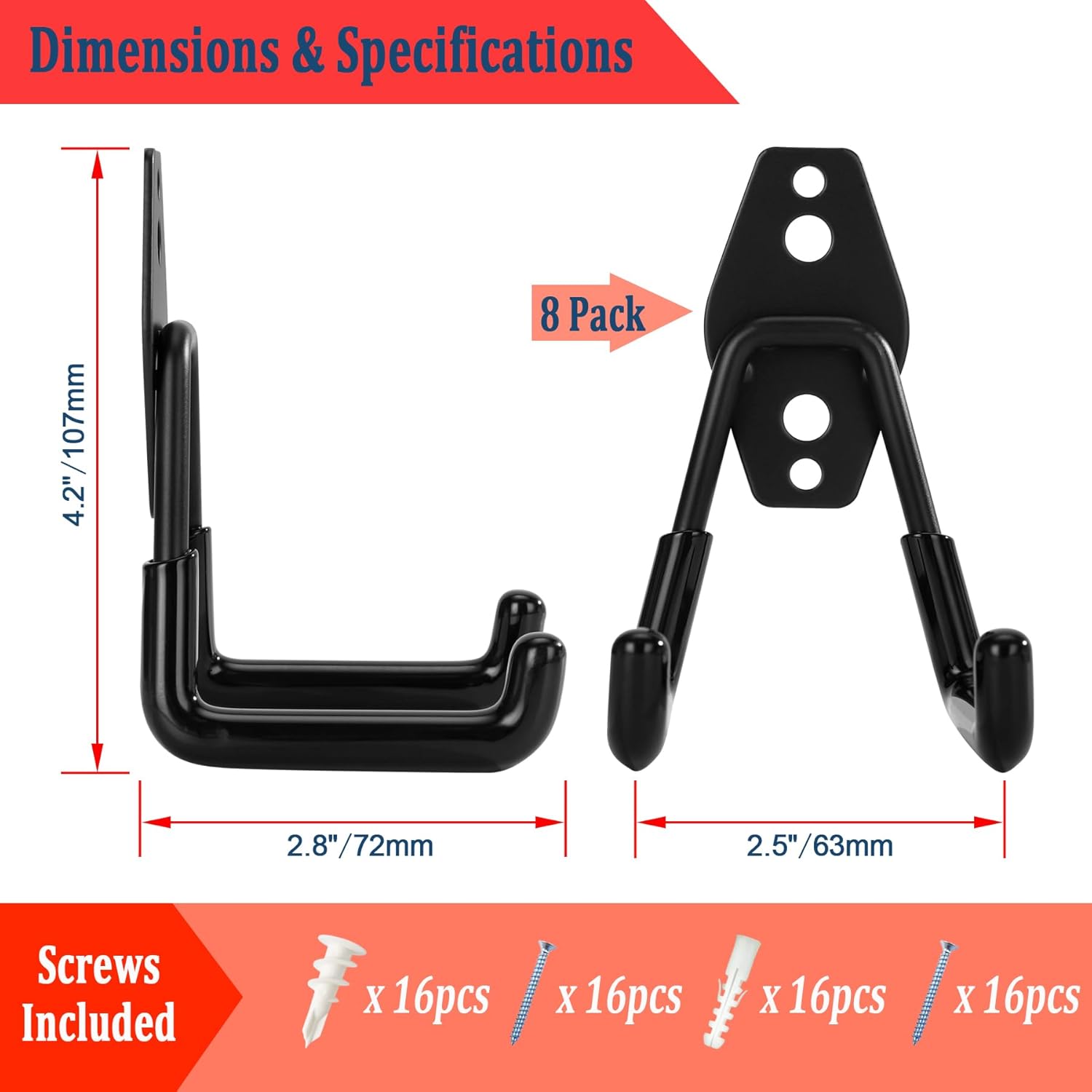 Skiennix Garage Hooks - Heavy Duty Wall Mount Tool Organizer for Ladders, Bikes & Garden Tools | 8 Pack