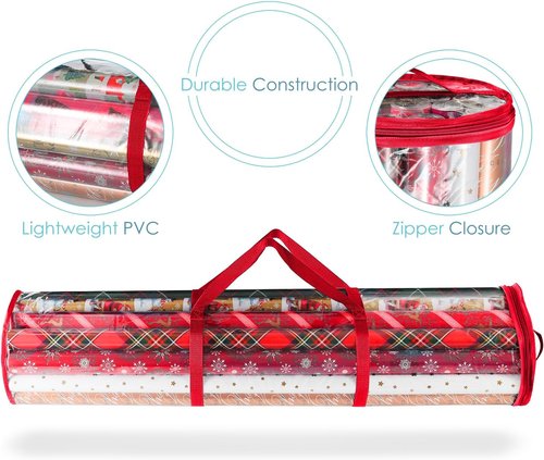 Hearth & Harbor Wrapping Paper Storage Container - Tear-Proof Organizer Holds Up to 14 Rolls - Clear Red Design