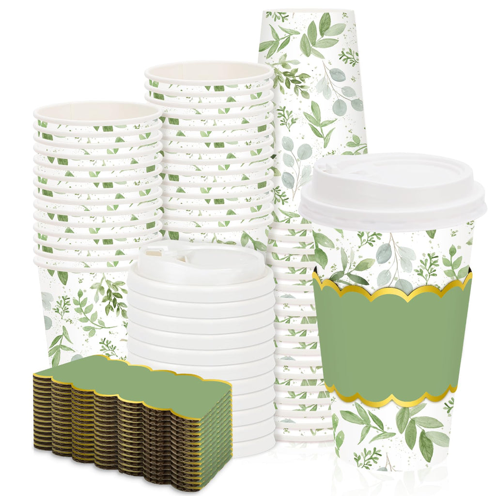 JarThenaAMCS 50 Pcs Greenery Coffee Cups with Lids Sleeves 16 Oz Green Eucalyptus Leaves Paper Cups Disposable To Go Coffee Cup for Wedding Cafes Shops Cappuccino Chocolate Beverage Cocoa