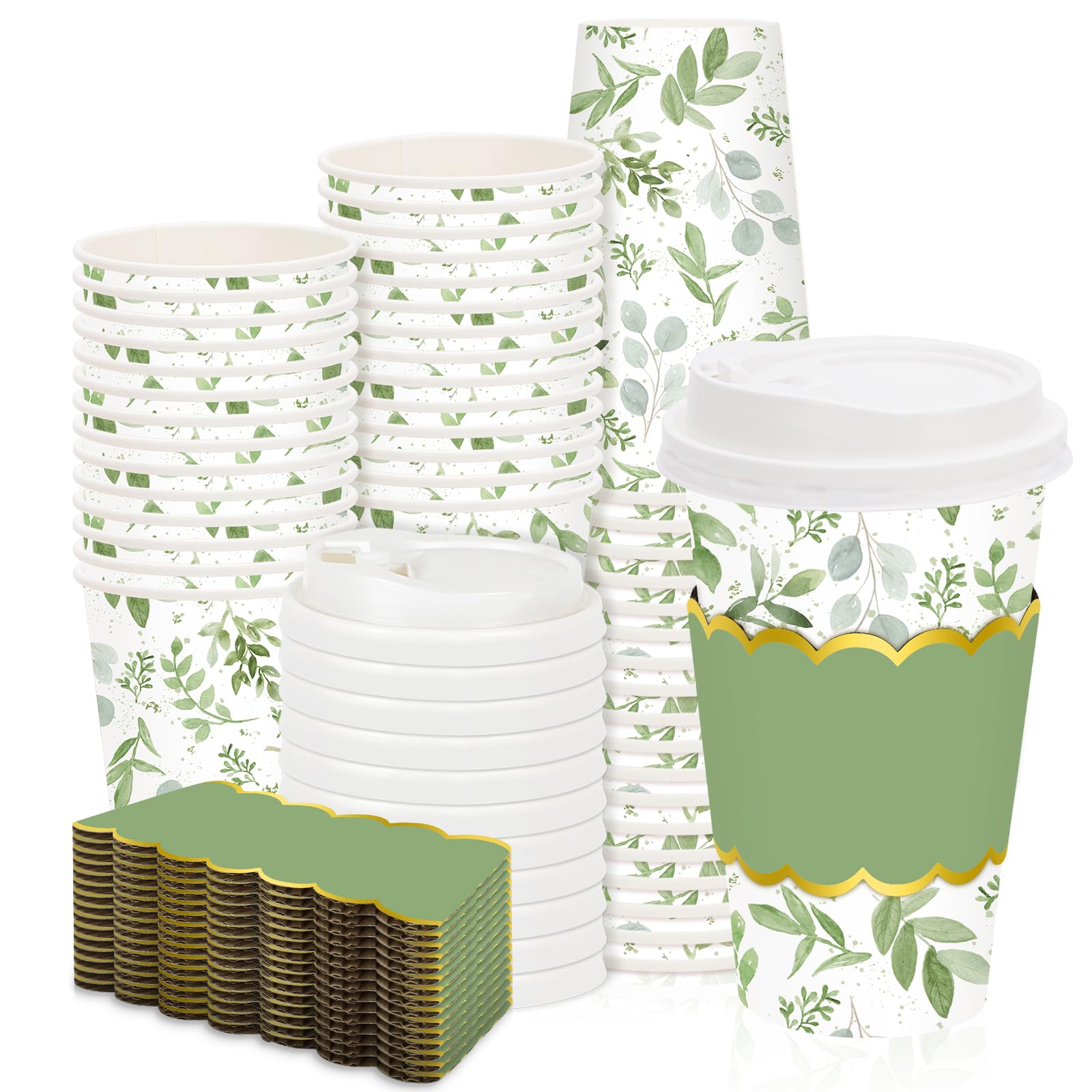 JarThenaAMCS 50 Pcs Greenery Coffee Cups with Lids Sleeves 16 Oz Green Eucalyptus Leaves Paper Cups Disposable To Go Coffee Cup for Wedding Cafes Shops Cappuccino Chocolate Beverage Cocoa