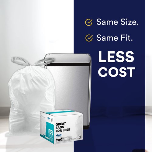 Plasticplace Custom Fit Trash Bags, Compatible with Simplehuman Code R (100 Count) White Drawstring Garbage Liners 2.6 Gallon/ 10 Liter 16.5" x 18"