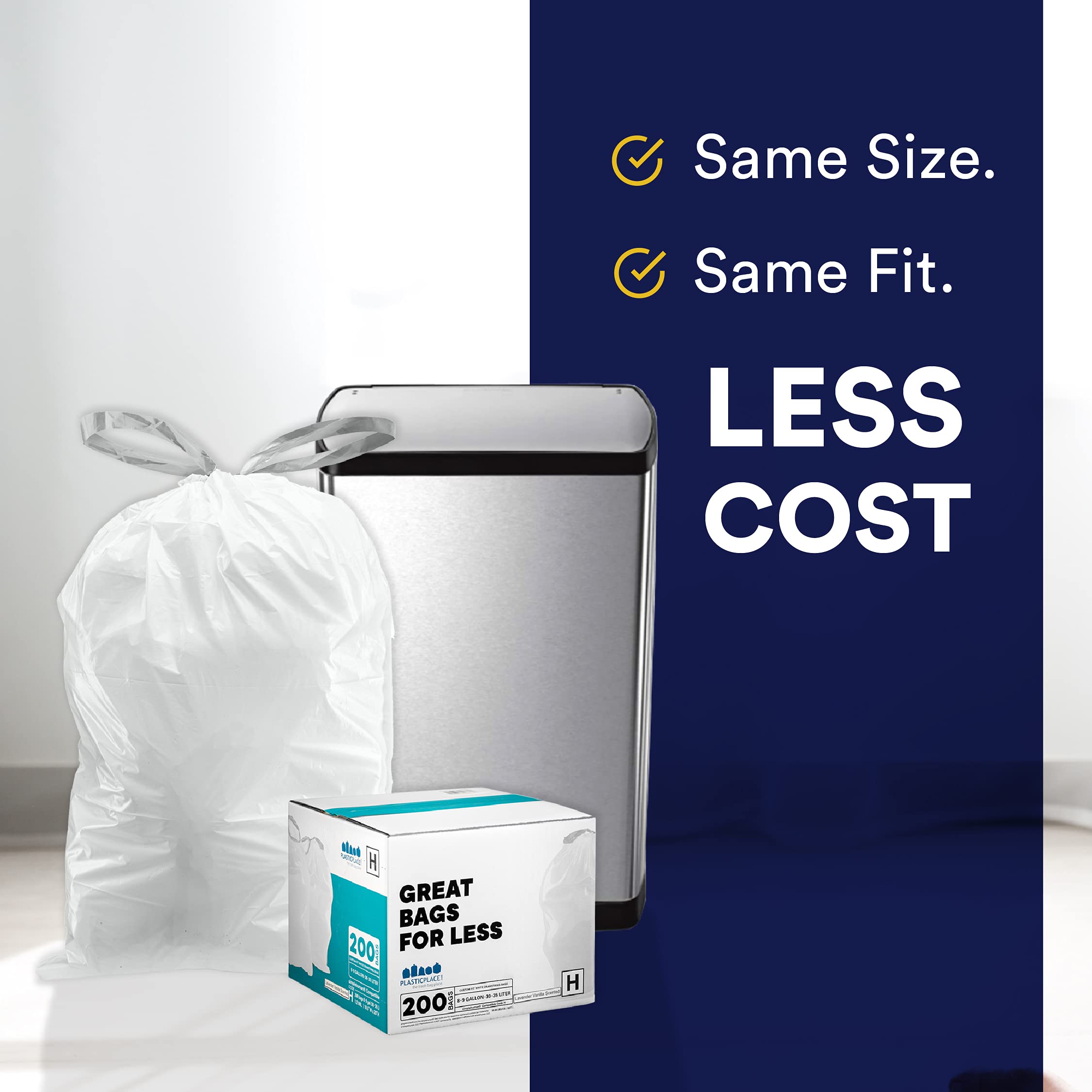 Plasticplace Custom Fit Trash Bags, Compatible with Simplehuman Code Q (50 Count), 13-17 Gallon Drawstring Garbage Liners, Heavy Duty Tear-Resistant