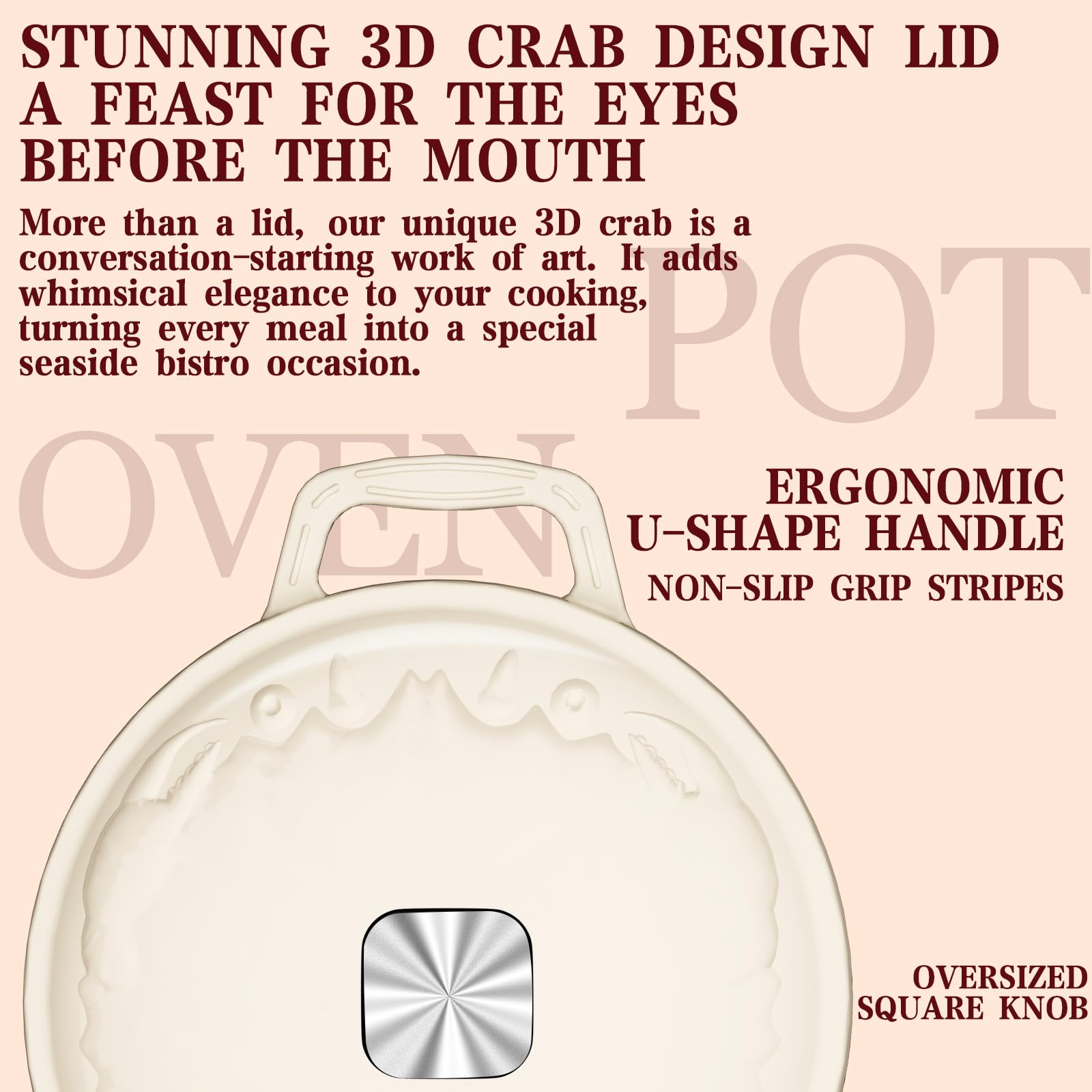 Enameled Cast Iron Dutch Oven - 5QT Dutch Oven Pot with Crab Lid & Oversized Knob & Ergonomic Handles - Heavy Duty Cookware for Braising, Stews, Roasting, Bread Baking - Cream White