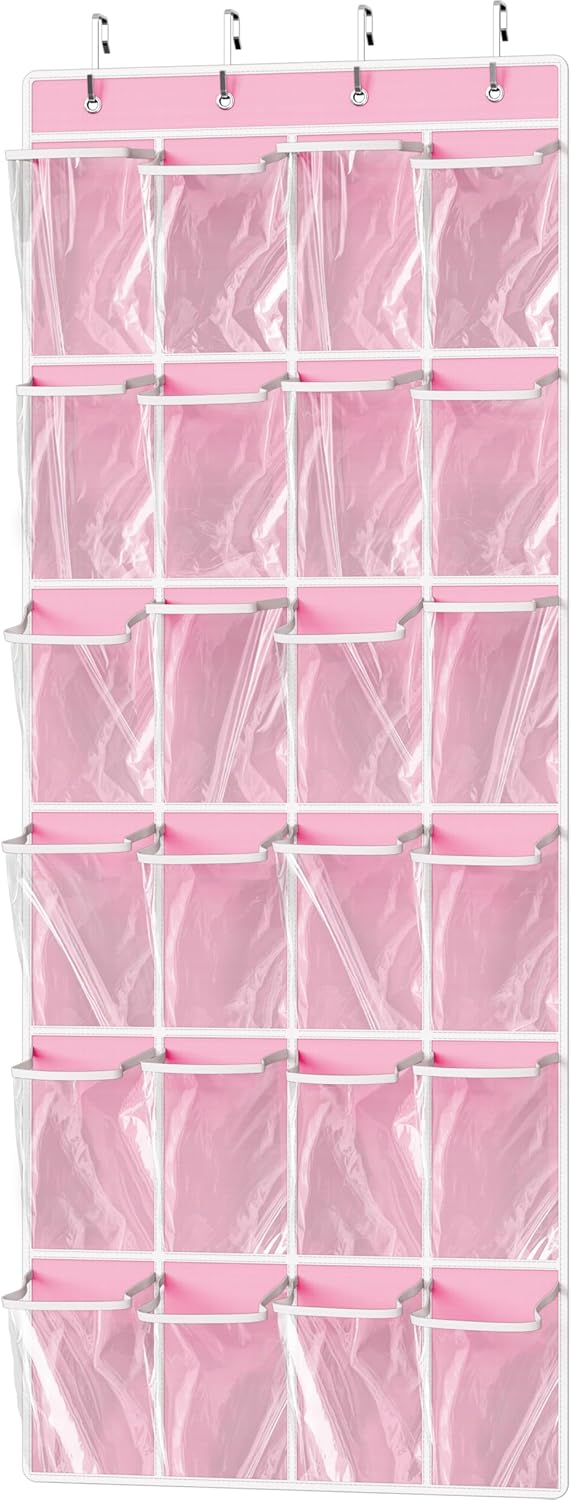 Simple Houseware Over The Door Hanging Shoe Organizer - 24 Clear Pockets, Pink (56" x 22.5")