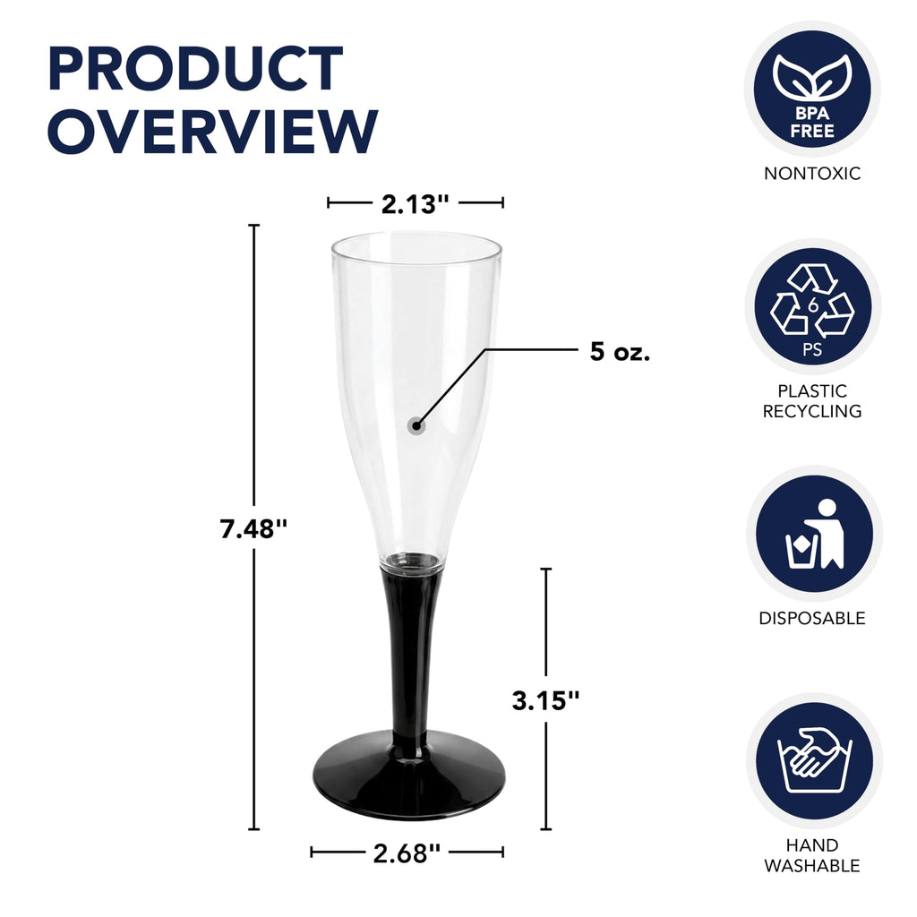 Party Essentials N5221175 2-Piece Stem Champagne Flutes, 5 oz., Clear/Black (Pack of 120)